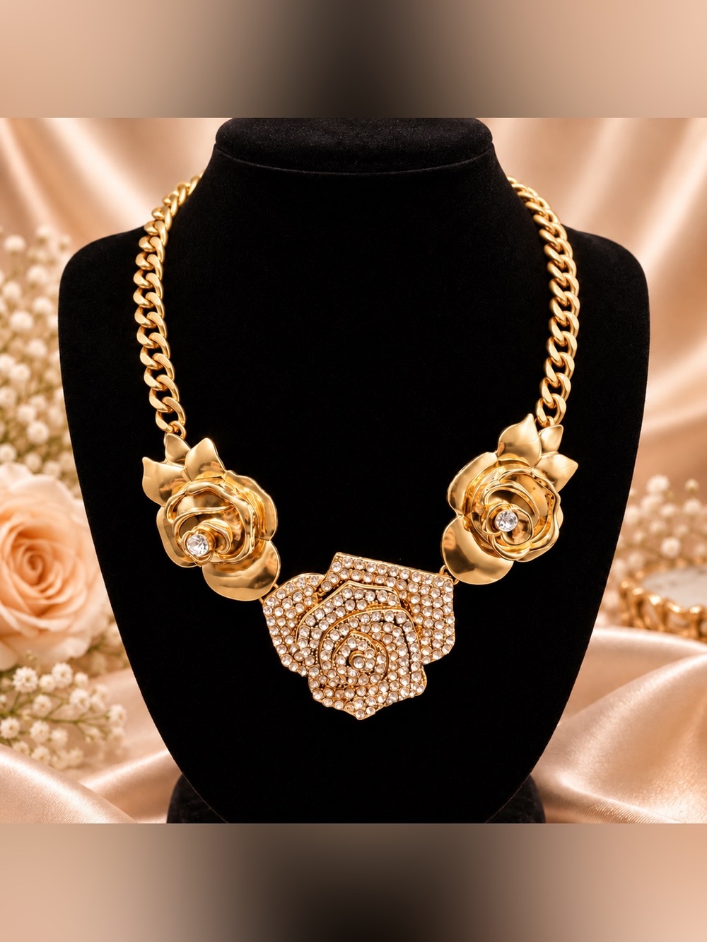 Elegant Gold Tone Floral Statement Necklace - Women Jewelry